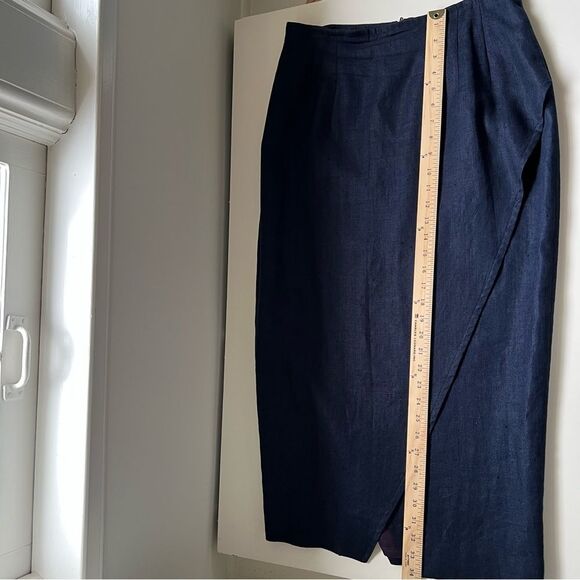 Vintage Linen Skirt Lined Navy Faux Wrap Size 10 Modest Capsule Minimal Tradwife - Picture 8 of 8